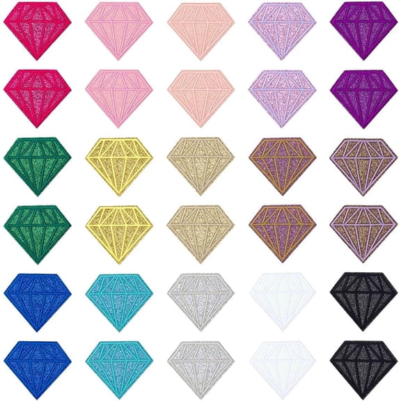 30 Pcs Diamond Embroidery Patches 15 Colors Diamond Shape Iron on Cloth Applique 2.64x3Inch Polyester Sequin Glitter Diamonds Sewing Patches for Backpack Pants Hat Jeans Daily Use DIY