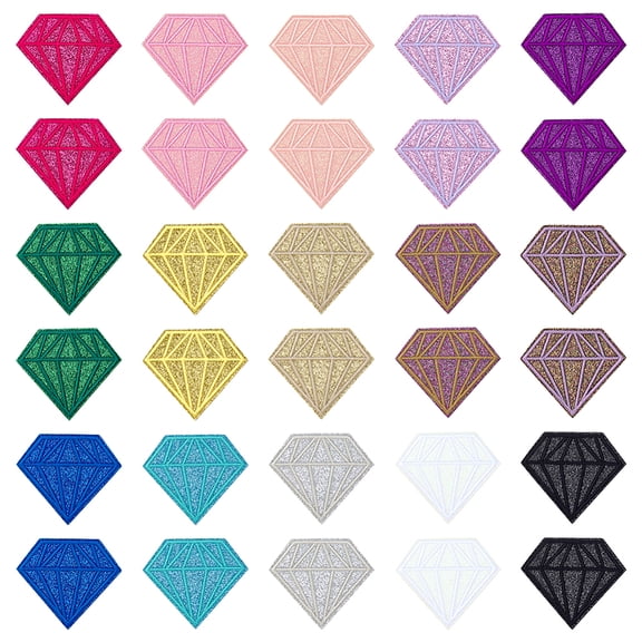 30 Pcs Diamond Embroidery Patches 15 Colors Diamond Shape Iron on Cloth Applique 2.64x3Inch Polyester Sequin Glitter Diamonds Sewing Patches
