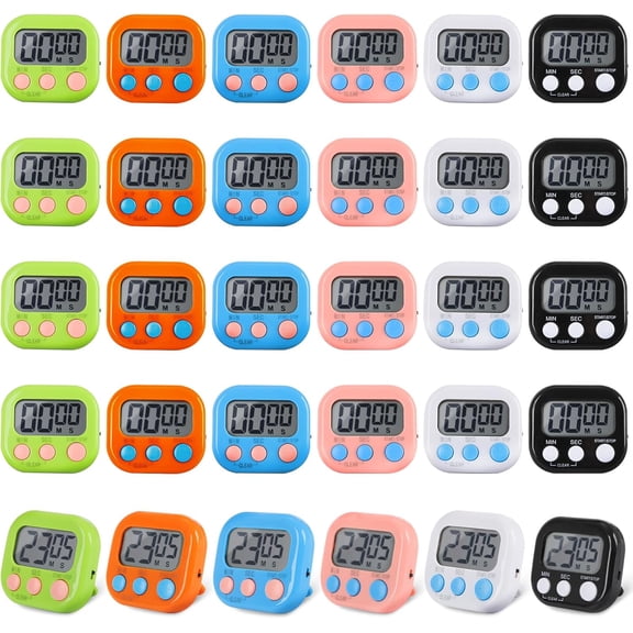 30 Pcs Digital Kitchen Timer Bulk, Magnetic Timers for Classroom, LCD Display, Loud Alarm, Electronic Minute Second Clock Teacher, Exercise, Cooking, Baking(6 Colors)