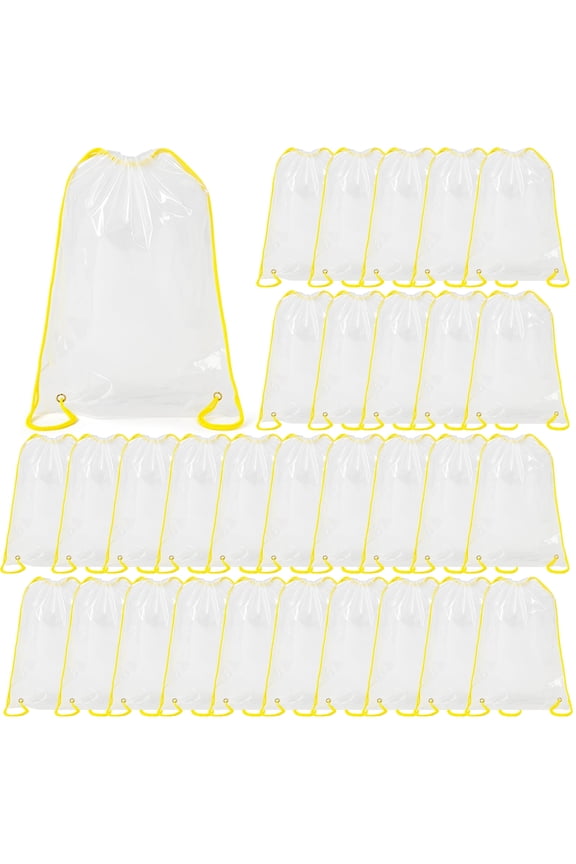 30 Pcs Drawstring Clear Backpack Bulk, Transparent PVC Waterproof Bags for School, Stadium Events, Outdoor Use, Heavy Duty, Adjustable Yellow Straps, Large Capacity, Easy to Clean