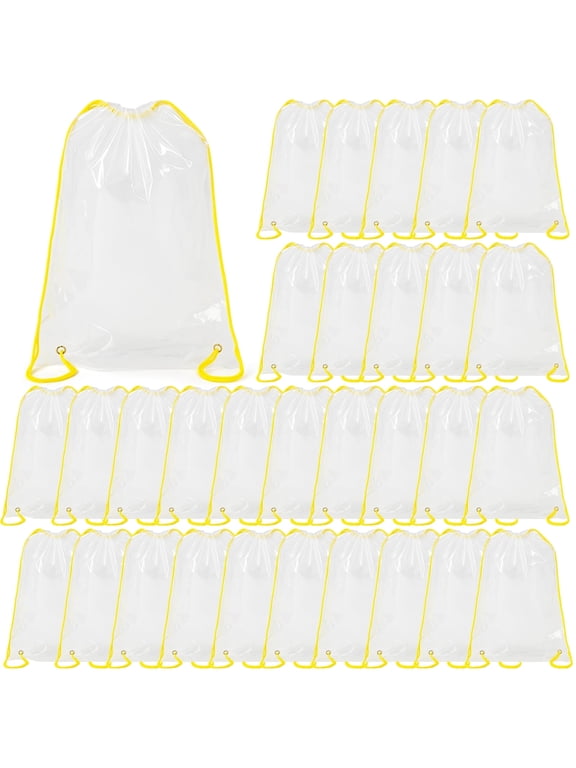30 Pcs Drawstring Clear Backpack Bulk, Transparent PVC Waterproof Bags for School, Stadium Events, Outdoor Use, Heavy Duty, Adjustable Yellow Straps, Large Capacity, Easy to Clean