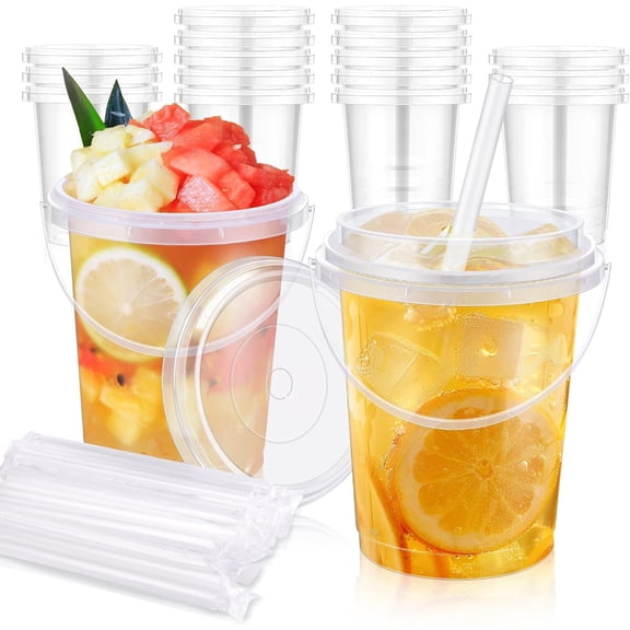 30 Pcs Drink Buckets with Lids and Straws 34 oz Disposable Clear Rum Plastic Coffee Lemonade Drinking Cocktail Bucket Cups with Lid for Pool Picnic Party
