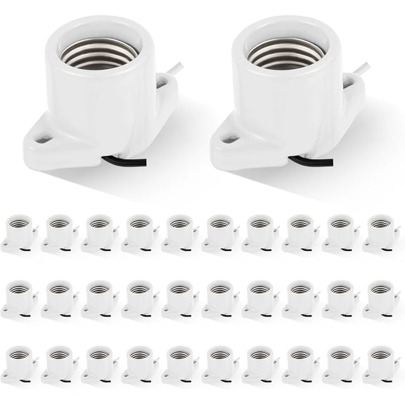 30 Pcs E26 Light Socket Medium Base Porcelain Lamp Holder Keyless Cleat Bulb Socket with Two Hole Flanged Mounting with 6" Leads for Home Room Garage Closet Indoor Outdoor Lighting
