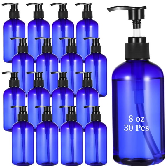 30 Pcs Empty Pump Bottles, 8 oz Blue Plastic Bottles, Semi-transparent Refillable Pumping Bottles, Travel Lotion Dispensers with Pumps for Shampoo, Conditioner, Cream, Liquid