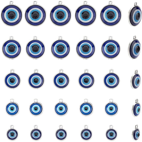 30 Pcs Evils Eye Charms 5 Different Sizes Antique Silver Evils Eye Charms Flat Round Plastic Beads with Alloy Findings for Women DIY Bracelet