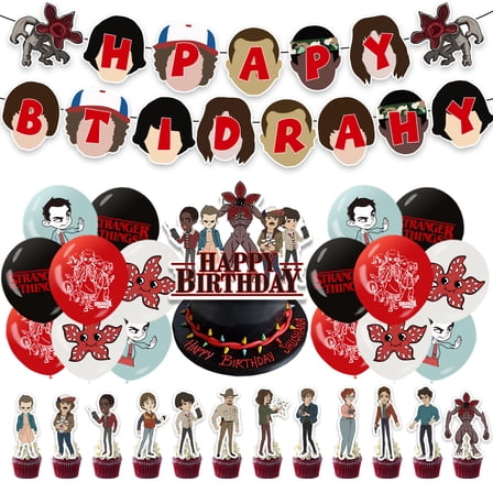 30 Pcs Exquisite Stranger Party Supplies for Fans, Birthday Decorations Set Include Banner, Balloons, Cake Topper, Cupcake Toppers for Stranger Theme Party, Surprise for All Ages