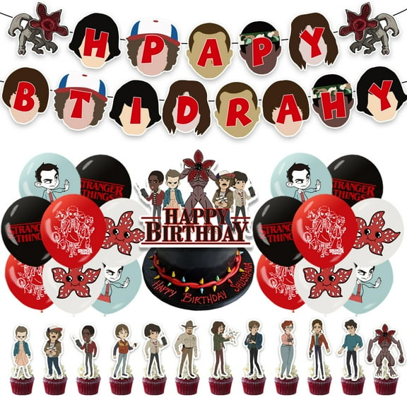 30 Pcs Exquisite Stranger Party Supplies for Fans, Birthday Decorations Set Include Banner, Balloons, Cake Topper, Cupcake Toppers for Stranger Theme Party, Surprise for All Ages