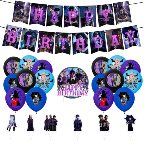 30 Pcs Exquisite Wednes Party Supplies For Fans, Birthday Decorations Set Include Banner, Balloons, Cake Topper, Cupcake Toppers For Cartoon Theme Party, Surprise For Fans All Ages