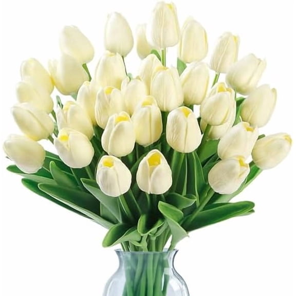 30 Pcs Fake Tulips Artificial Flowers Real Touch PU Faux Flowers Tulip Stems for Wedding Spring Bouquet Floral Arrangement Home Party Office Decorations for Mother's Day (Milk White)