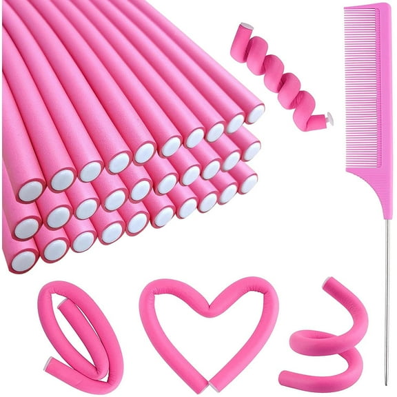 30 Pcs Flexible Curling Rods,Small Flexible Rods, 9.45" Twist Foam Hair Rollers,Soft Foam No Heat Hair Rods Rollers and 1 Rat Tail Comb for Women Long Short Hair(Random Color,9.45 x 0.47 Inch)