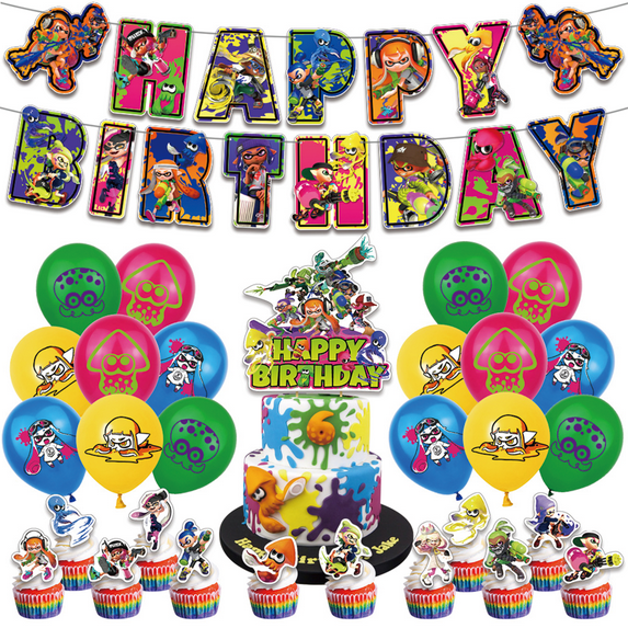 30 Pcs For Splatoon 3 Theme Birthday Party Decoration Set - Includes Happy Birthday Banner, Cupcake Toppers, and Balloons for Kids’ Celebrations