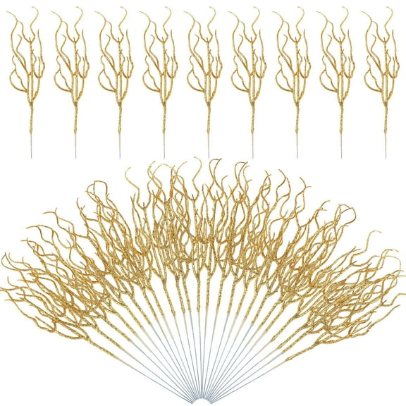 30 Pcs Glitter Christmas Tree Filler Branches Trianu Christmas Tree Spray Picks Curly Picks Glitter Artificial Berry Stems for Xmas Holiday Party Decoration (Gold)