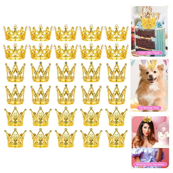 30 Pcs Gold Crown Cake Toppers, Mini Crowns for Flower Bouquets, Birthday, Cake, Wedding, Baby Shower, Party Decorations, 3 Styles with Rhinestone Pearl and Alloy Designs