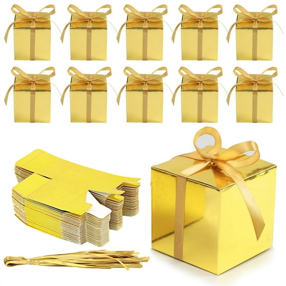30 Pcs Gold Paper Favor Boxes Square Gift Bags with Ribbons DIY Craft Wrapping Present Boxes Chocolate Candy Small Item Containers for Wedding Home Decor Birthday Party Supplies By Scheam