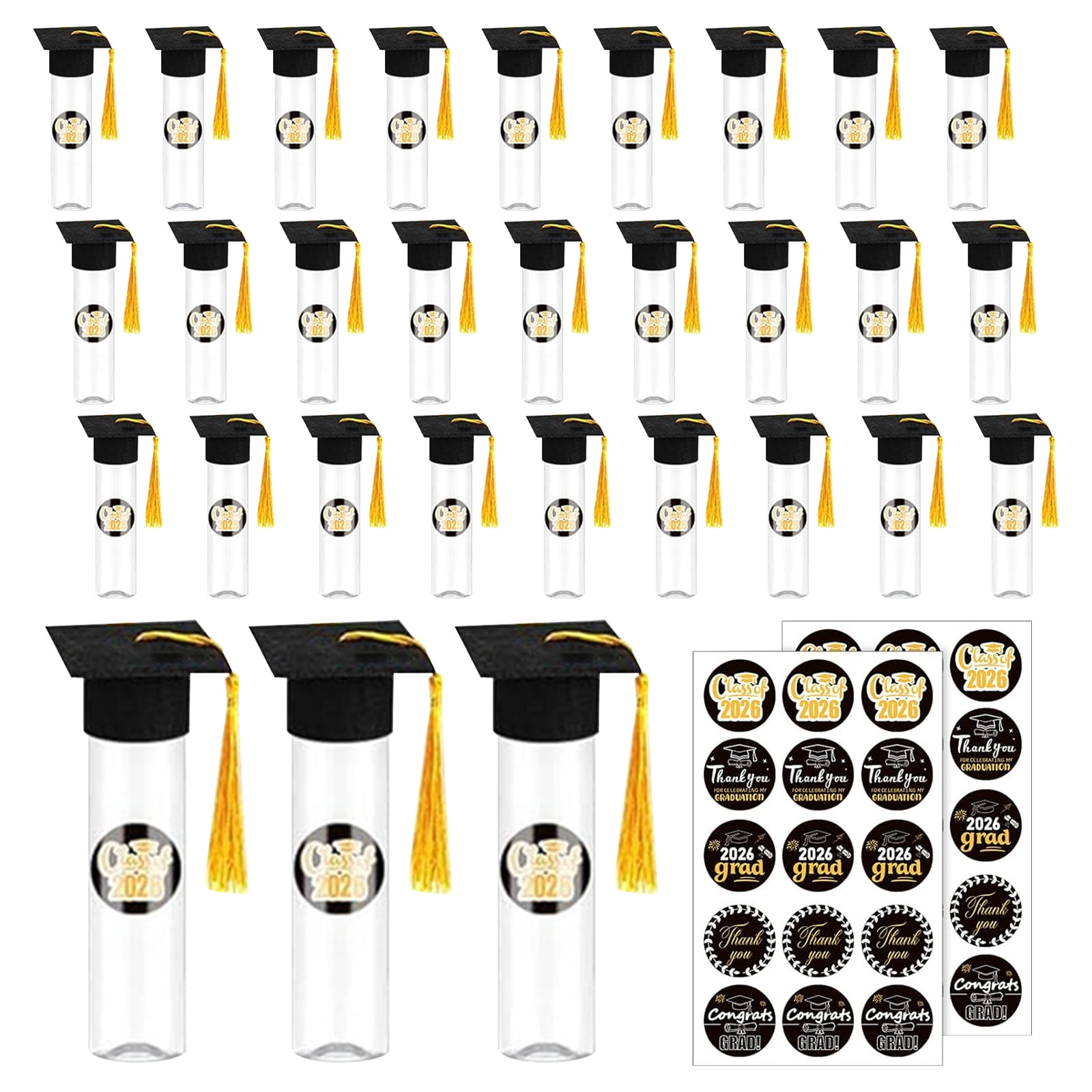30 Pcs Graduation Candy Jars, Plastic Grad Cap Containers with Tassels & Stickers, Party Favors & Decorations for Class of 2026 Grad Table School Party (Black)