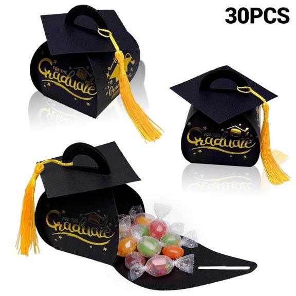 30 Pcs Graduation Cap Gift Boxes 2026 Graduation Cap Candy Favor Box with Yellow Tassel Gilded Lettering Cardboard Table Centerpiece Decor