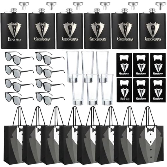 30 Pcs Groomsmen Gifts Set Includes 6 Stainless Steel Tuxedo Flask with Funnels 6 Groomsman Proposal Gift Bags 6 Poker Card Beer Bottle Opener 6 Sunglass 6 Glass Cups for Wedding Party