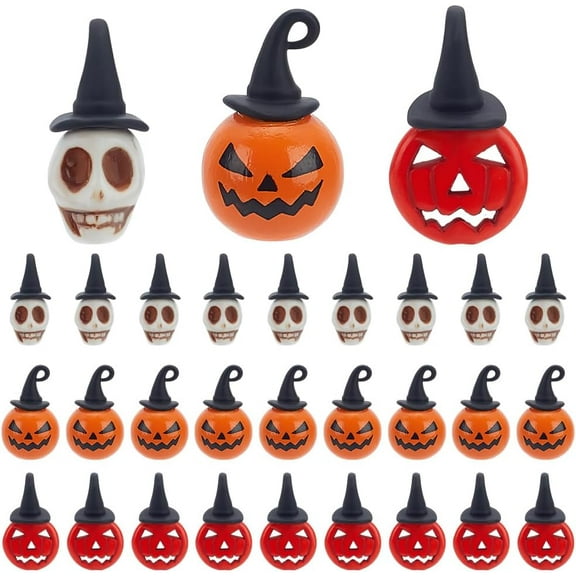 30 Pcs Halloween Skull Pumpkin Witch Hat Charms Halloween Dyed Synthetic Turquoise Skeleton Head Beads 3D Pumpkin Beads Mini Cap Black Charm DIY Earrings Supplies