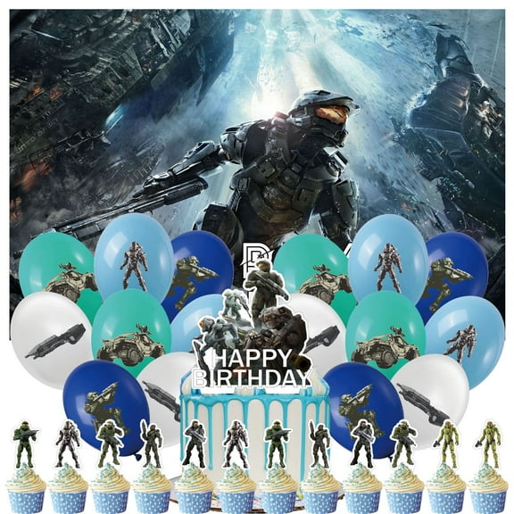 30 Pcs For Halo Games Theme Birthday Party Decoration Set,Includes 5*3ft Birthday Backdrop,13 Cupcake Toppers,and 16 Balloons Party Supplies for Celebrations