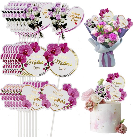 30 Pcs Happy Mothers' Day Cake Toppers Bulk for Best Mom Ever, Heart Round Butterfly Orchid Rose Flower Cupcake Picks, 3 Styles Cake Decoration for Birthday Mother's Day Party Favors Supplies