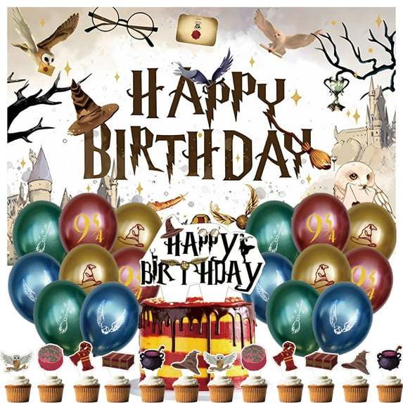 30-Pcs For Harry Potter Cartoon-Themed Party Decoration Set – Includes Backdrop, Cake Topper, 12 Cupcake Toppers, and 16 Balloons for Festive Celebrations