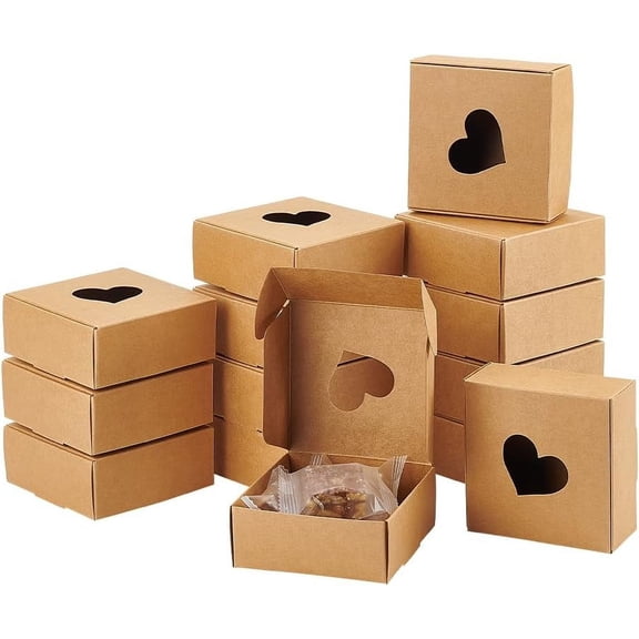 30 Pcs Heart Kraft Paper Gift Boxes Love Theme Foldable Cookie Boxes Visible Desserts Boxes Soaps Packaging Case for Wedding Present Packaging 2.55x2.55x1.18inch Burlywood BurlyWood