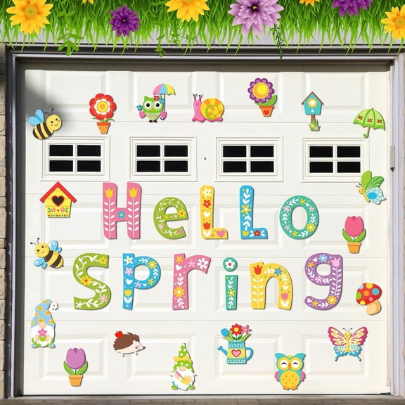 30 Pcs Hello Spring Garage Door Magnets Decoration Flower Gnome Butterfly Bee Refrigerator Car Magnet Sticker Magnetic Garage Door Decor Decals Spring Decor for Outdoor Holiday Party