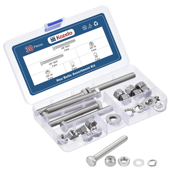 30 Pcs Hex Head Screws Lock Nuts Kit - 304 Stainless Steel, Hex Tap Bolt Assortment