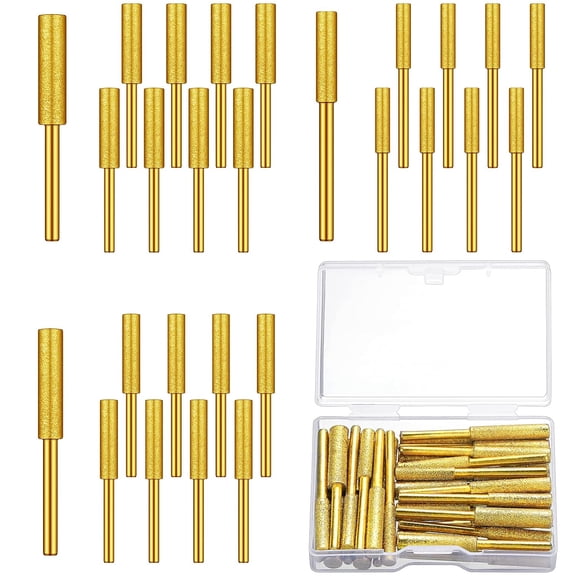30 Pcs High Hardness Titanium Diamond Chainsaw Sharpener Stone Bit Bulk Chain Electric Chainsaw Sharpening Wheels Kit 3 Size Plated Grinding Tool, 5/32, 3/16, 7/32 Inch (Gold)
