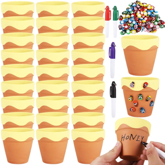 30 Pcs Honey Bee Pots, Mini Ceramic Pots with 100 Bee Charms and 4 Markers, DIY Bee Themed Party Favor Planters, Personalized Supplies for Birthdays, Weddings