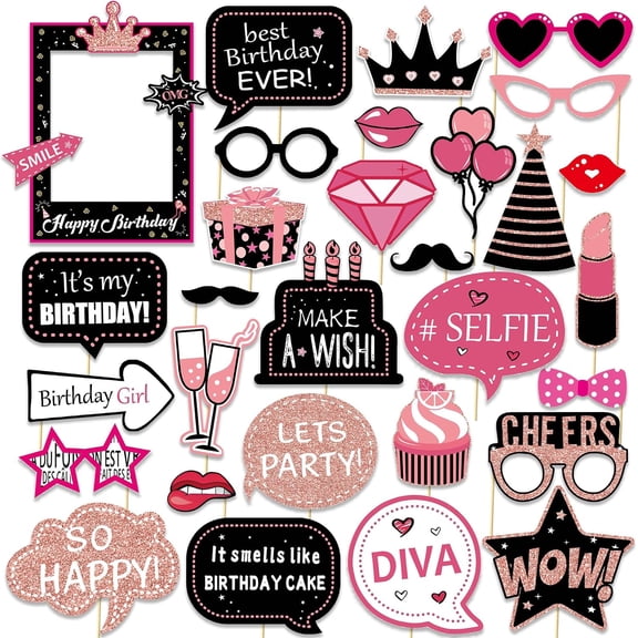 30 Pcs Hot Pink Birthday Photo Booth Props Kit for Girls, Happy Birthday Party Favors Supplies with Mini Frame Bday Party Decoration Set for Women Rose Gold Selfie Paper Party Supplies