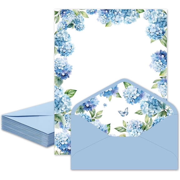 30 Pcs Hydrangea Stationery Set with Envelopes Stickers Blue Floral Flower Letter Writing Paper and Envelopes for Spring Holiday Invitation Office School Printing, 8.5 x 11 Inch