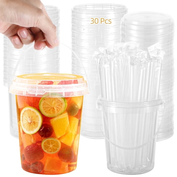 30 Pcs 33.8oz Clear Fruit Tea Buckets with Lids & Straws - 1000ml Leakproof Airtight Plastic Drink Containers | Reusable Beverage Cups with Handles for Smoothie, Ice Cream Party Storage