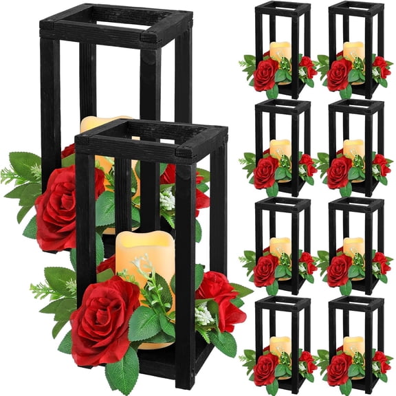 30 Pcs Integrated Wedding Lantern Centerpiece Rustic Wooden Holder with Candles and Rings Farmhouse Candle Lantern Decor for Home Valentine Wedding Party Table Decor (Black and Red)