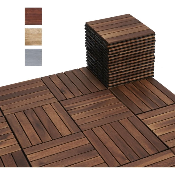 30 Pcs Interlocking Deck Tiles, Waterproof Acacia Wood Patio Flooring for Balcony & Outdoor Use (Dark Brown)