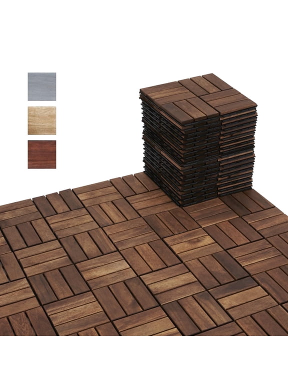 30 Pcs Interlocking Deck Tiles, Waterproof Acacia Wood Patio Flooring for Balcony & Outdoor Use (Dark Brown)