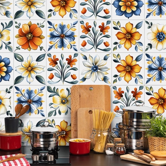 30 Pcs Kitchen Backsplash Tile Wall Sticker 7.87"x7.87" Removable Waterproof DIY Flowers Decals Peel and Stick Tiles Mural