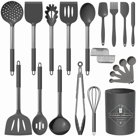 30 Pcs Kitchen Utensils Cooking Utensils Set, Food Grade Silicone Spatula Set, BPA-Free,Non-stick Heat Resistant Silicone Cookware with Strong Stainless Steel Handle,Gray