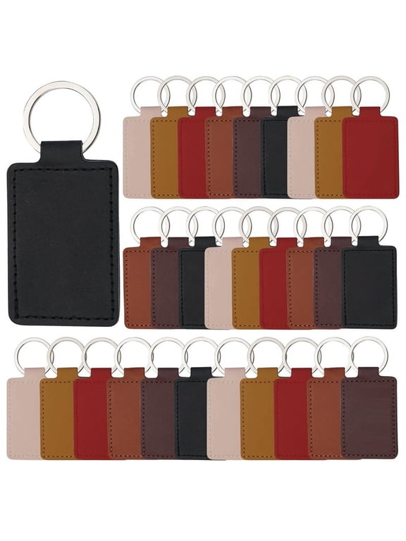 30 Pcs Leather Key Fob Kit,Rectangular PU Keychain Blanks with Rings,Engraving Keychain,DIY Crafts