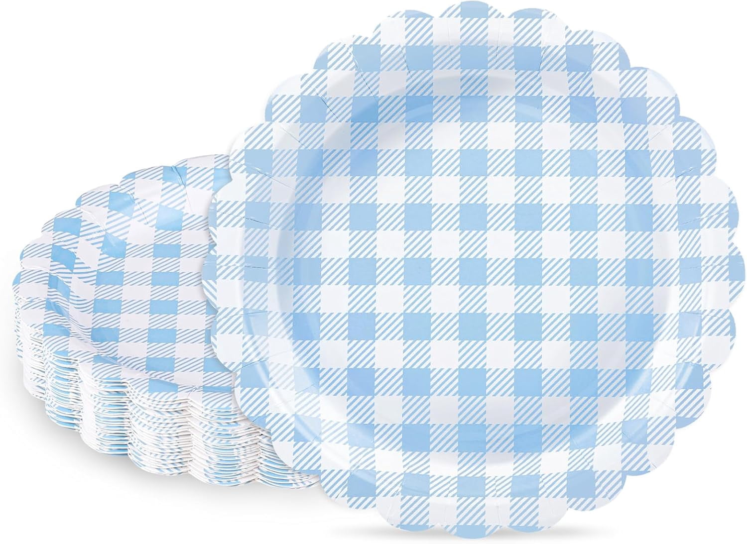 30 Pcs Light Blue Gingham Plates, 7 Inch Scalloped Plaid Camping ...