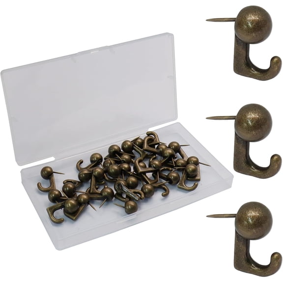 30 Pcs Metal Push Pin Hooks, Wall Pins for Secure Picture Hanging, Decorative Hanger Nails on Wooden or Fabric Surfaces, Ideal for Home and Office Use (Bronze)