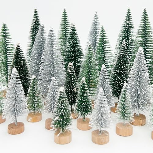 30 Pcs Mini Christmas Trees Bottle Brush Trees,Miniature Pine Christmas Tree Tabletop Mini Snow Frost Trees with Wooden Base for Christmas Holiday Decorations