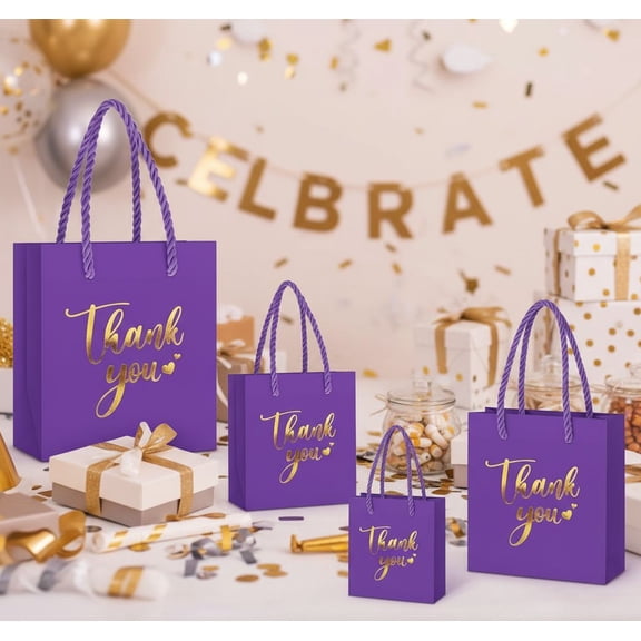 30 Pcs Mini Gift Bag with Handle 4 x 2.75 x 4.5'' Small Thank You Bag Foil Paper Tote for Christmas Wedding Baby Shower Birthday Graduation Party Favor Supplies(Purple/Gold)