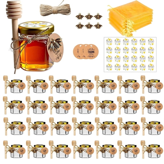 30 Pcs Mini Glass Honey Jars 1.5Oz Hexagon Small Honey Jars In Bulk with Wooden Dippers,Bee Charms,Thank You Cards,Jutes,pouch and Stickers for Baby Shower Wedding Party Favors