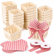30 Pcs Mini Wooden Berry Baskets with Waxed Paper & Ribbon, Rustic Display Baskets for Farmers Market, Picnic, Party Favors