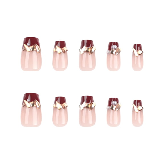 30 Pcs Multi-Size Press On Nails, Long Trapezoid Burgundy-Nude Gradient French with Champagne Rhinestones & Pearls, for Daily Commute, Dating, Parties