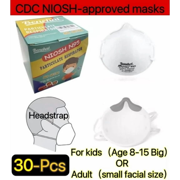 30-Pcs N95 Face Mask Bfe 95% Disposable Niosh Approved Respirator For Kids Adult