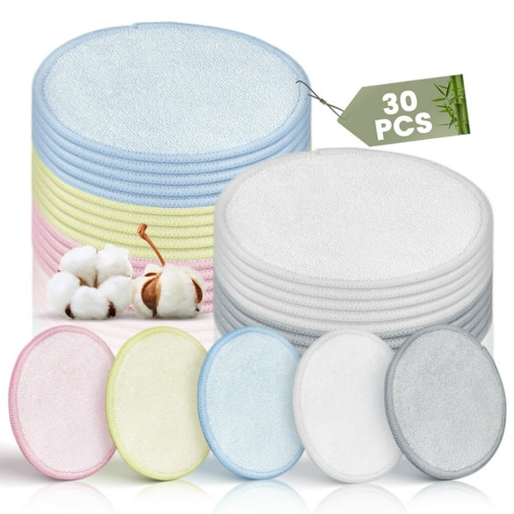 30 Pcs Natural Bamboo Fiber Round Makeup Remover Pads, Washable Reusable Face Pads Cloth Rounds, Facial Cleansing Pads Wipes for All Skin Types Travel (5 Color)