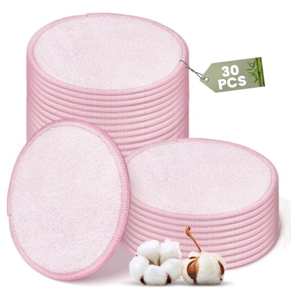 30 Pcs Natural Fiber Round Makeup Remover Pads, Washable Reusable Face Pads Cloth Rounds, Facial Cleansing Pads Wipes for All Skin Types Travel (Pink)