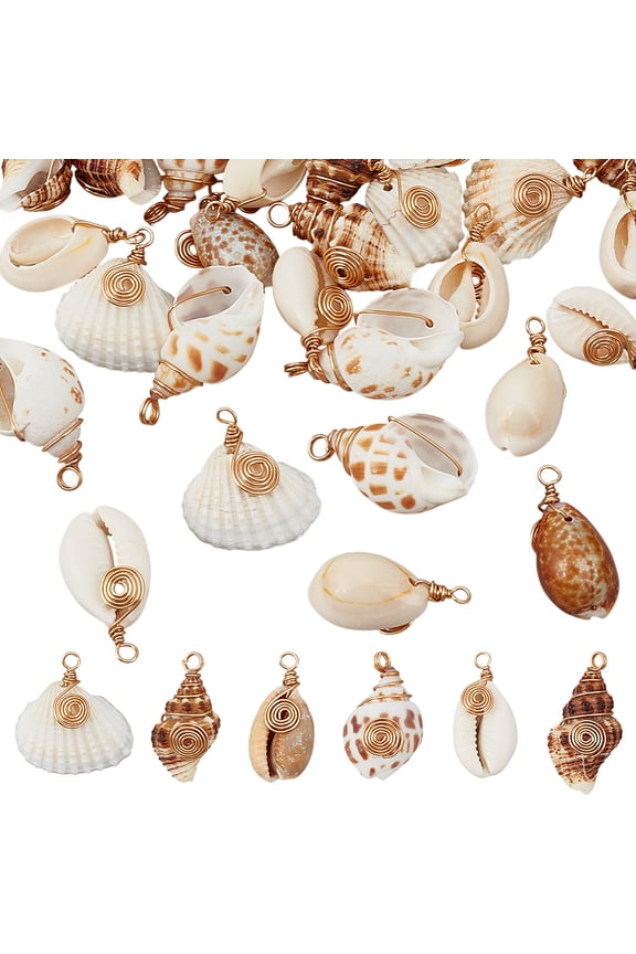 30 Pcs Natural Beach Shell Charms Ocean Conch Seashell Pendants Copper Wire Wrapped Shell Charms with Loop for Jewelry Making DIY Crafts